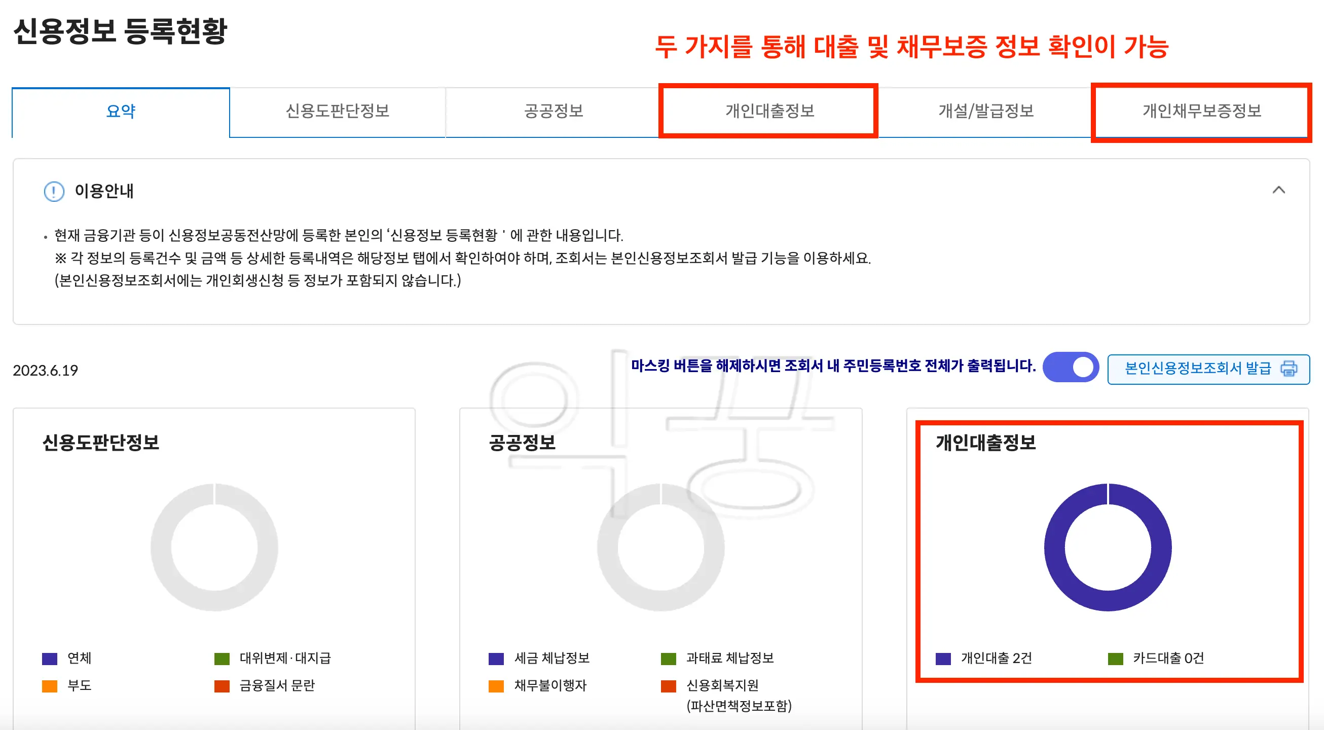 신용정보 등록현황 요약 사진