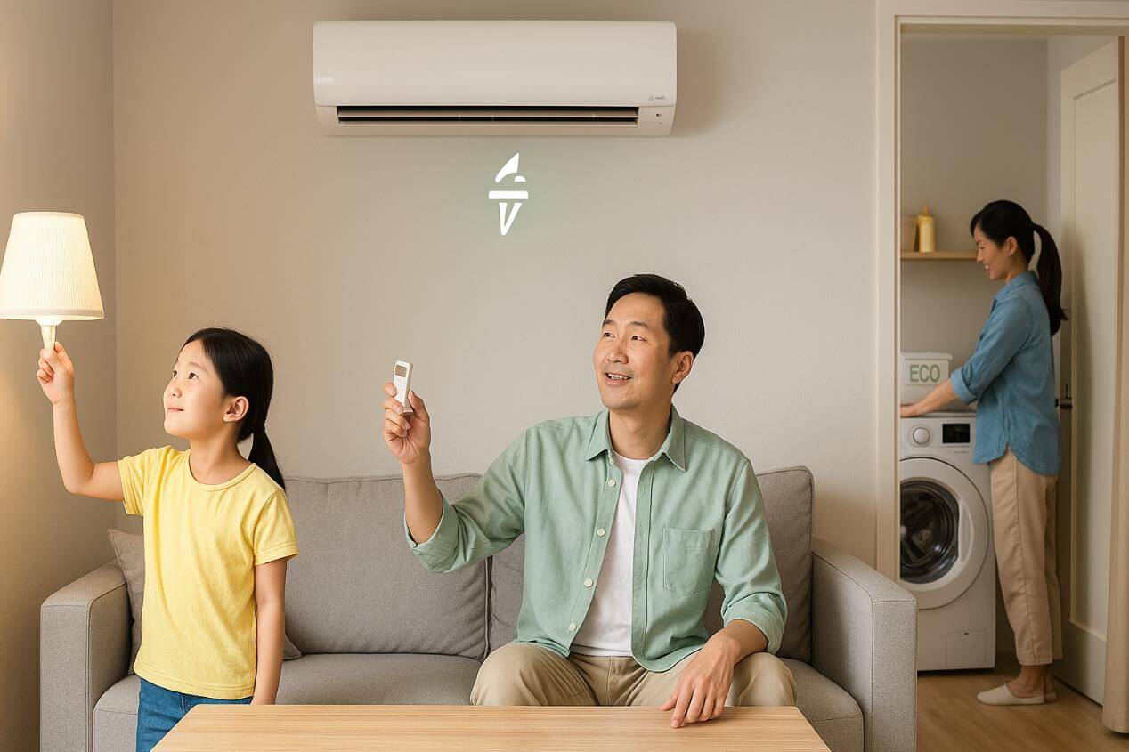 가족이 에어컨 절전·LED 조명·ECO 세탁기 사용하는 모습