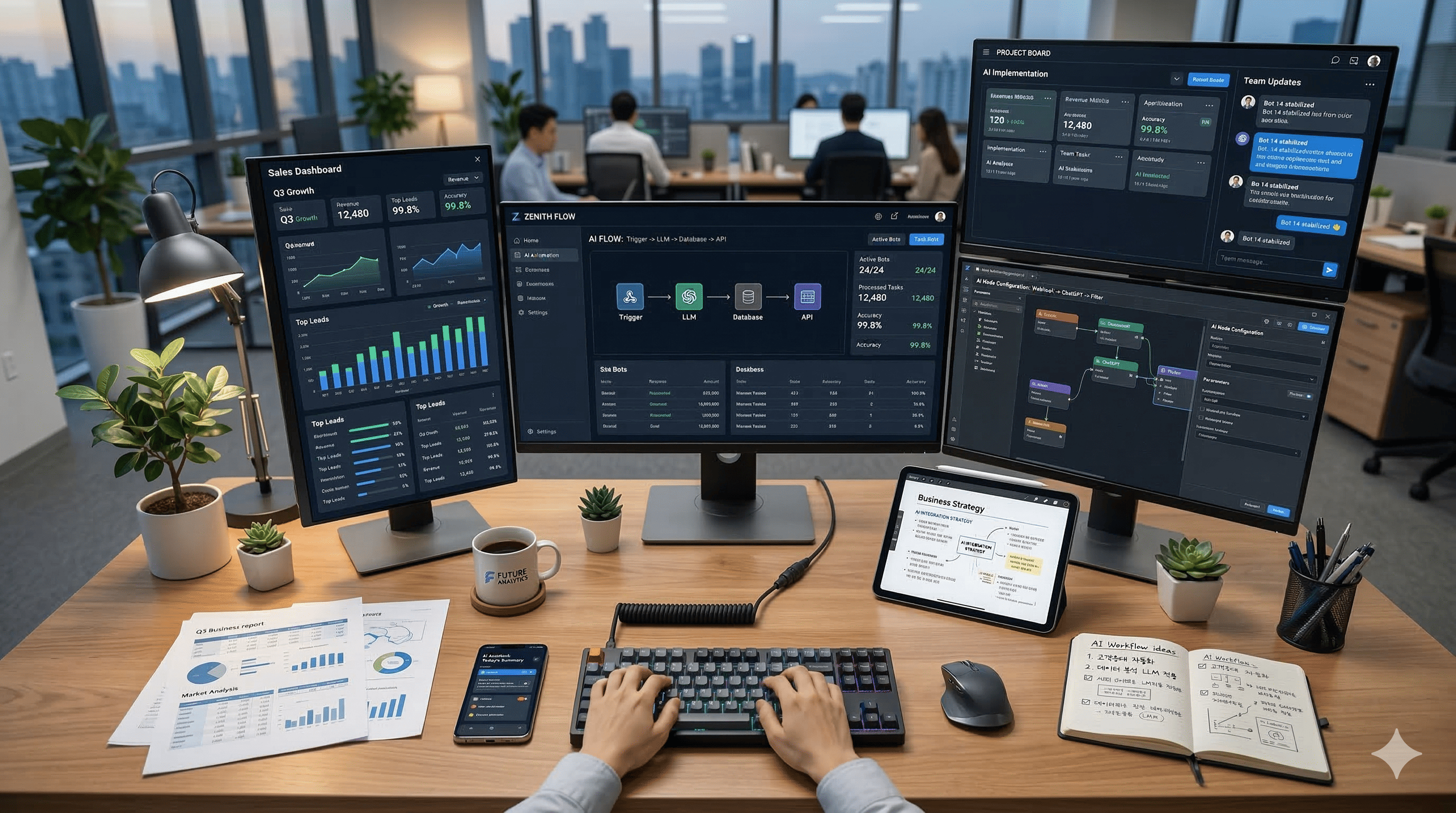 실무 환경에서 AI 자동화 수익 모델을 구축하는 장면, 데이터와 워크플로우가 보이는 작업 공간