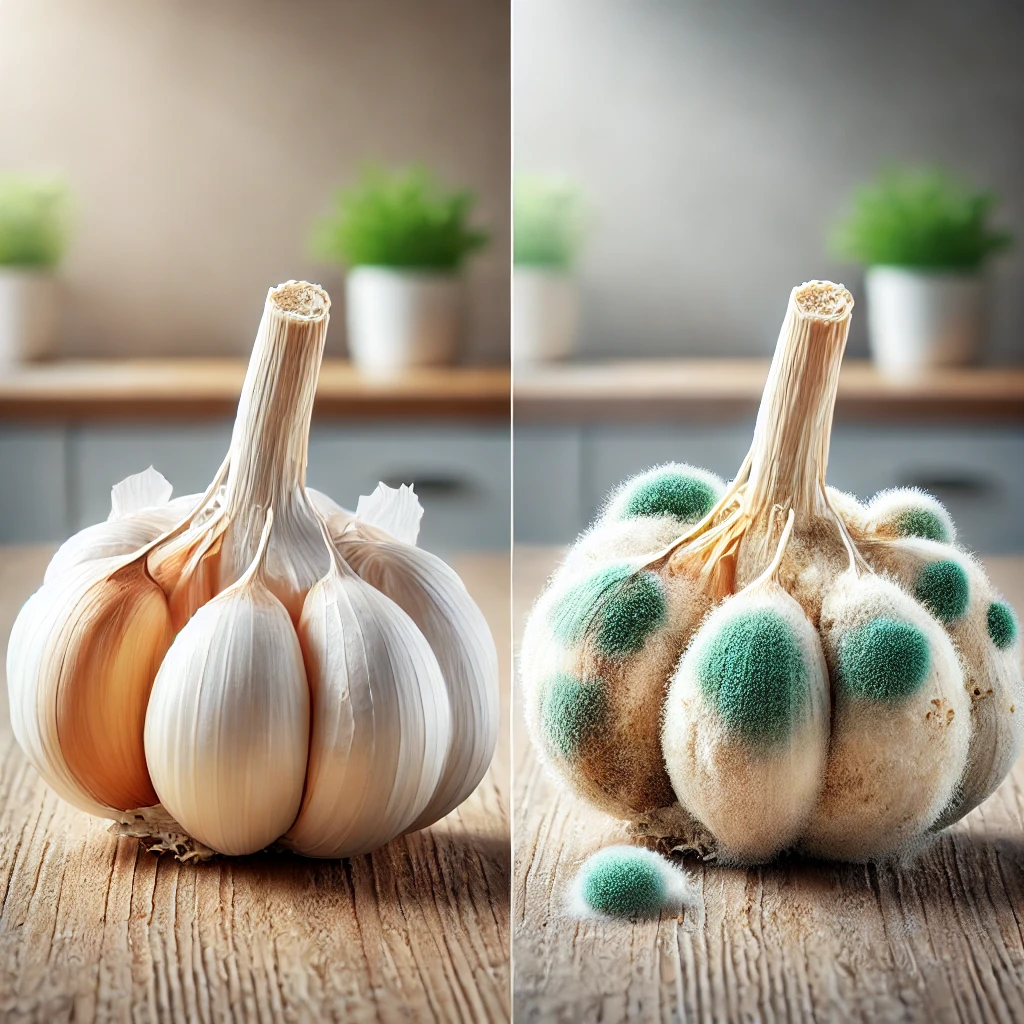 신선한 마늘과 곰팡이 난 마늘