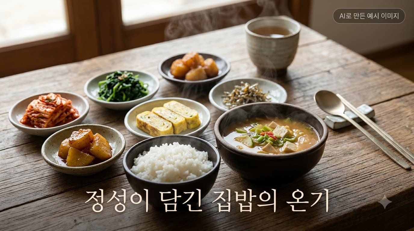 밥과 국, 반찬이 놓인 집밥 상차림