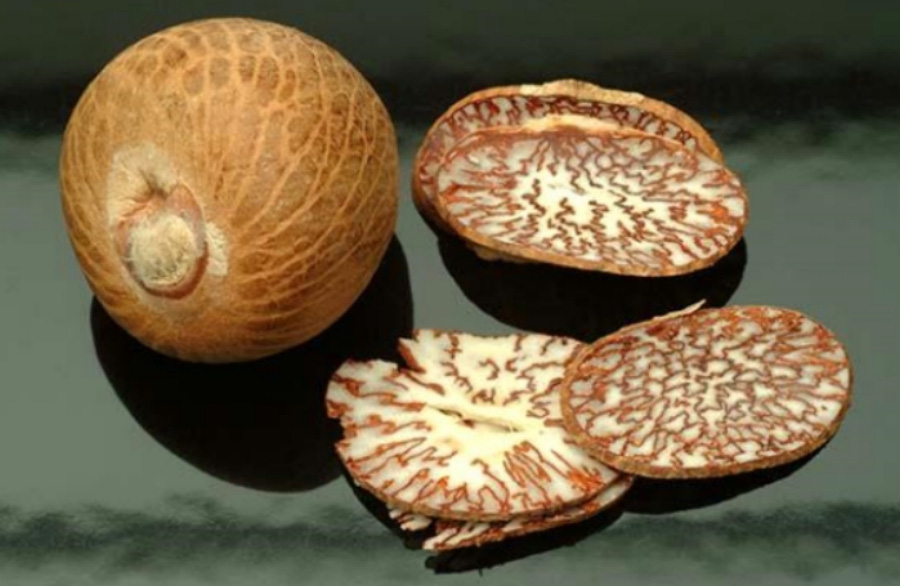 야생의 빈랑나무에서 채취를 한 열매인 빈랑을 검은 바닥 위에 1개를 놓아두고 그 옆에는 빈랑열매를 편으로 썰어 놓은 것을 4~5조각 놓아두고 찍은 사진