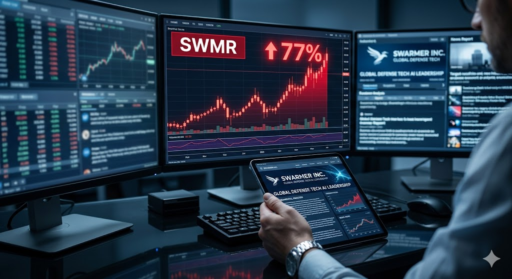 어두운 배경에 여러 개의 모니터가 떠 있고, 메인 화면에는 'SWMR' 티커와 함께 77% 상승을 나타내는 붉은색 캔들차트가 크게 표시됨. 화면 앞에는 태블릿을 보는 전문가의 손이 보임.