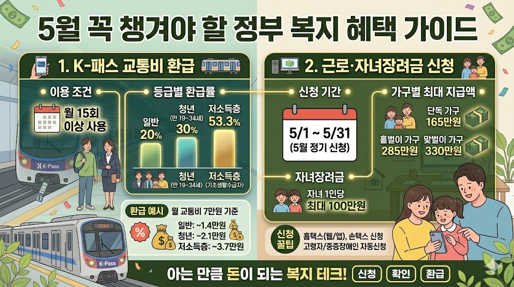 5월부터 시행되는 K-패스 대중교통비 환급률(일반 20%, 청년 30%, 저소득층 53.3%)과 5월 정기 신청 대상인 근로장려금 최대 지급액(단독 165만원, 홑벌이 285만원, 맞벌이 330만원) 및 자녀장려금(1인당 100만원) 정보를 요약한 인포그래픽
