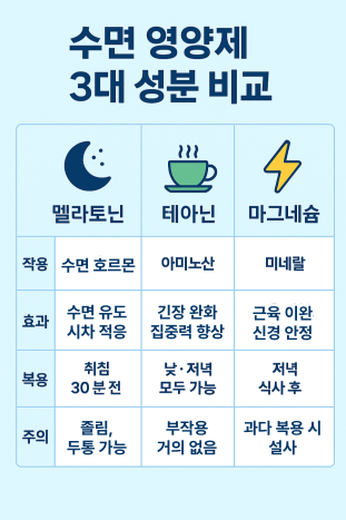 3대 수면 영양제 성분 비교 요약 이미지
