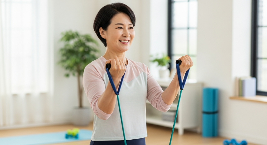 저항 밴드를 사용하여 근력 운동하는 중년 여성