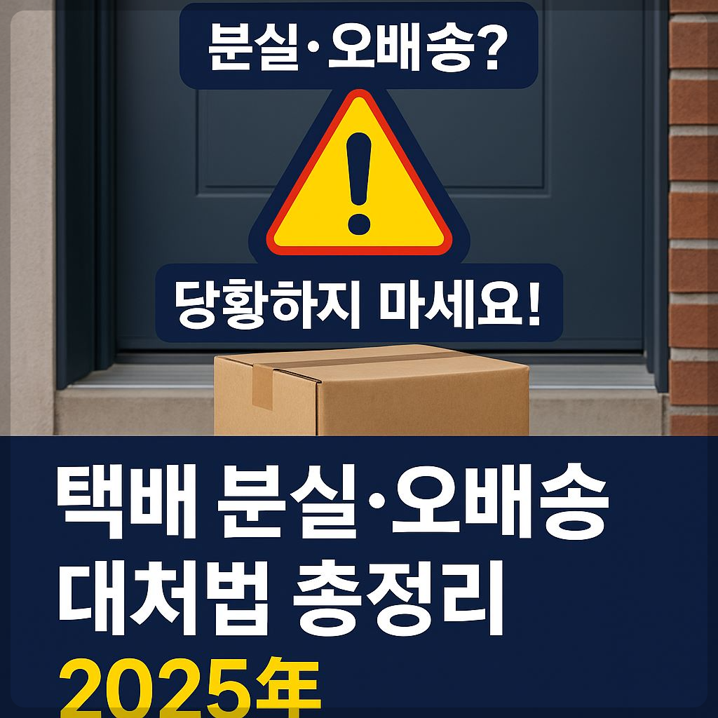 현관 앞 분실된 택배 상자와 함께 분실&middot;오배송 대처법을 안내하는 경고 이미지 (2025년 소비자 가이드)