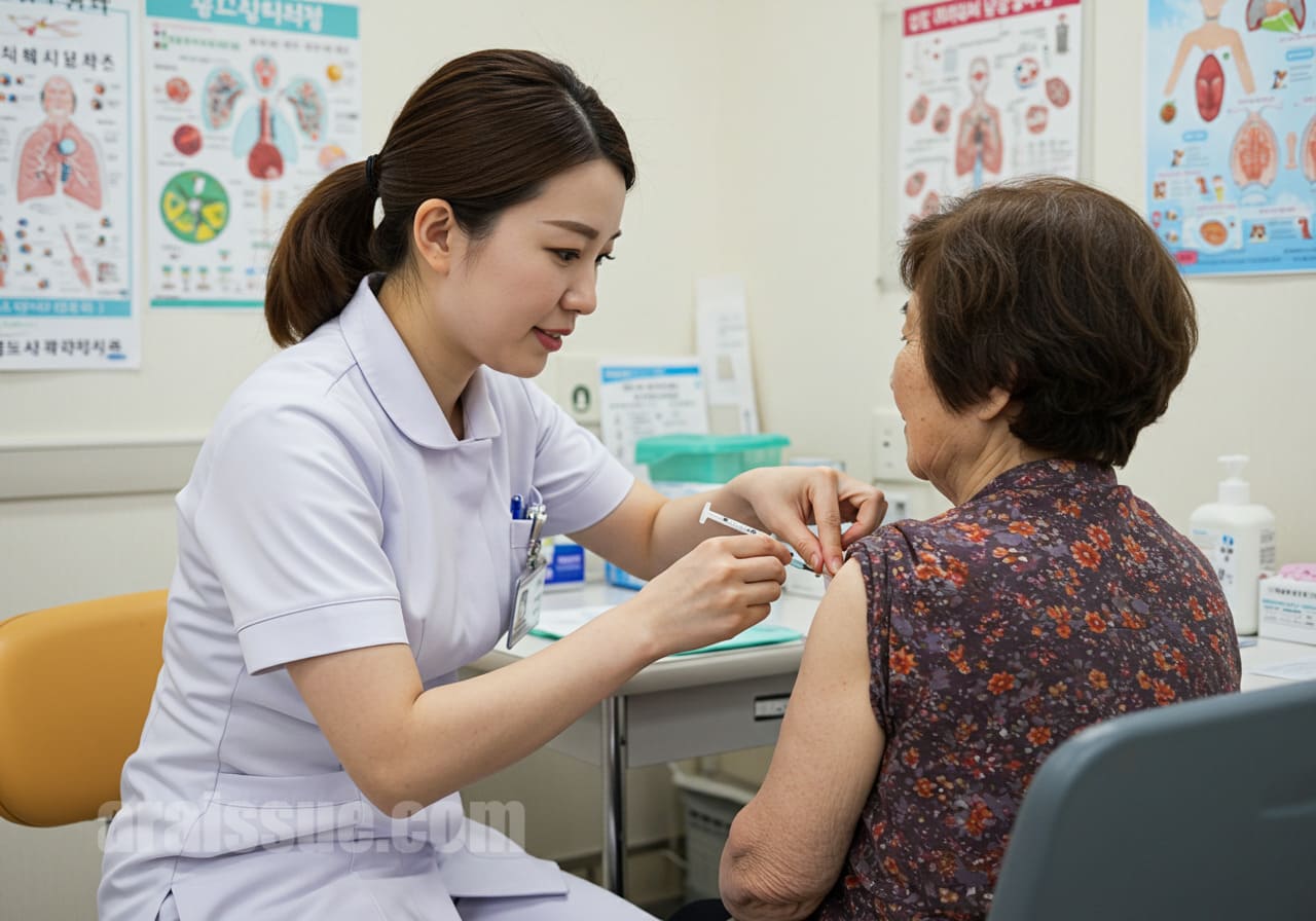 의료기관 내에서 간호사가 고령의 한국 여성에게 폐렴 백신을 접종하고 있는 장면. 주변엔 의료 포스터가 붙어 있고, 공간은 밝고 위생적인 분위기다.