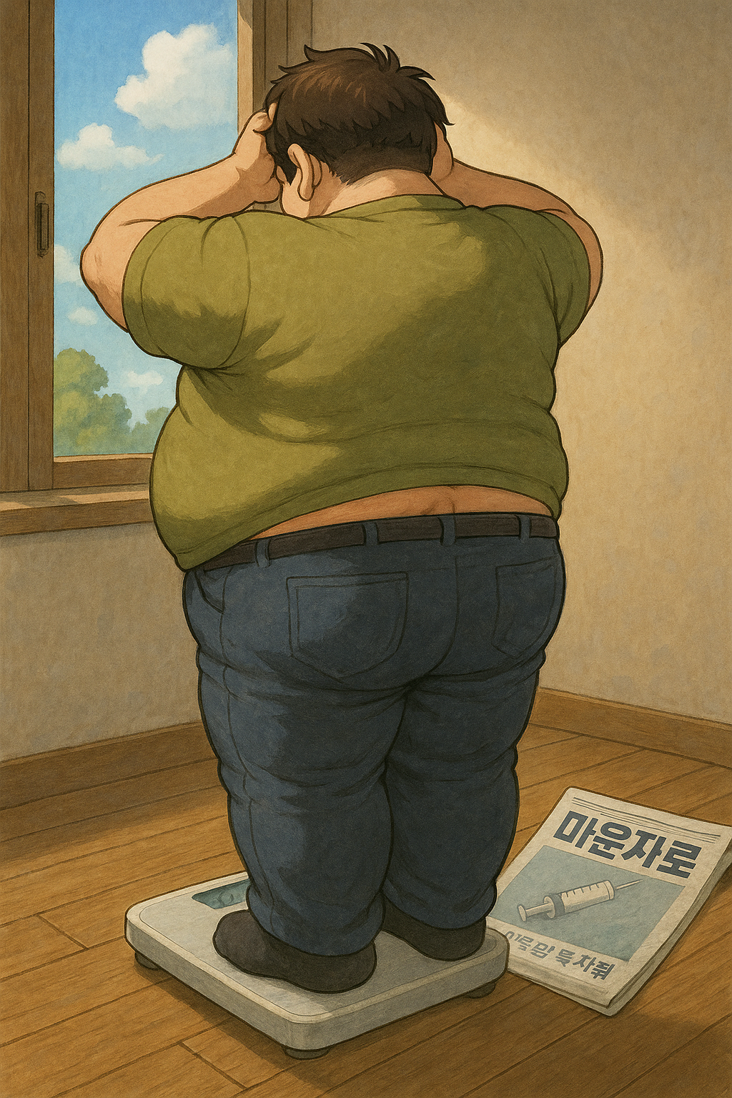 마운자로 이후 체중 변화와 요요 불안을 상징하는 체중계 위 인물 이미지