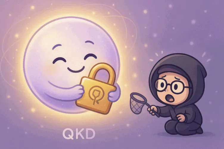 &lsquo;QKD 웃는 광자와 자물쇠&rsquo;라는 문구가 포함된 웹배너 이미지. 이 이미지는 양자 키 분배(QKD)에서 광자가 황금 자물쇠를 품고 있는 모습을 통해 도청 불가능 보안의 개념을 귀엽고 직관적으로 전달하며, 블로그의 양자 보안 기술 설명과 관련된 내용을 표현함 (QKD, photon, lock, quantum security, eavesdropping prevention)