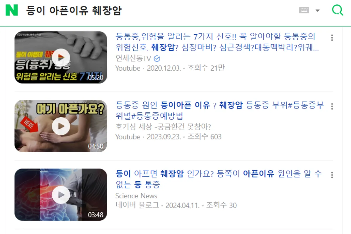 등이아픈이유-인터넷검색-화면