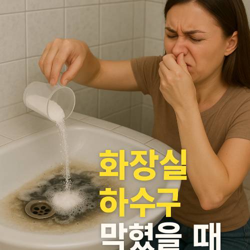 화장실 하수구 막혔을 때 사용하는 가루 세제와 코를 막은 여성의 모습
