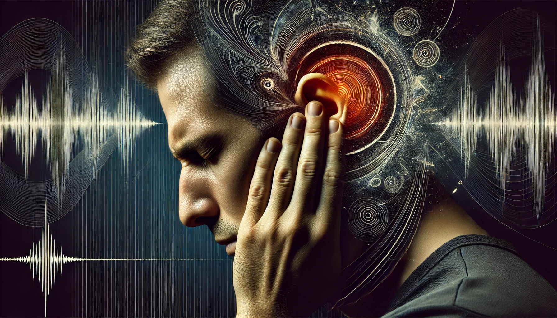 귀에서 삐 소리가 들리는 사람의 고통스러운 표정