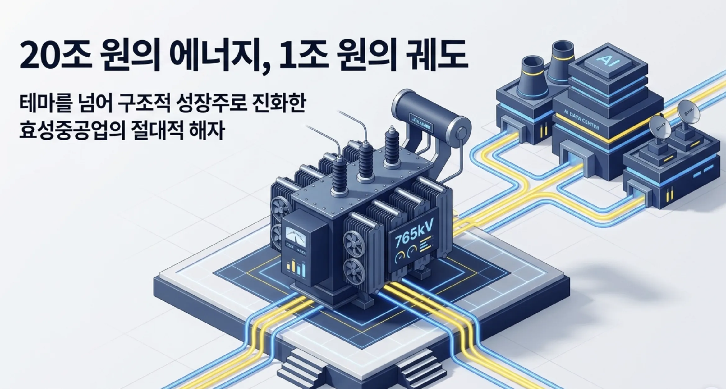효성중공업 주가 전망을 상징하는 대표 이미지로, 765kV 초고압변압기가 AI 데이터센터로 전력을 공급하는 모습을 입체적으로 표현함. '20조 원의 에너지, 1조 원의 궤도'라는 문구와 함께 효성중공업이 테마주를 넘어 구조적 성장주로 진화한 핵심 동력인 수주잔고 20조 원과 영업이익 1조 돌파 기대를 시각적으로 전달하며, 블로그의 효성중공업 주가 전망 분석 주제와 연결됨