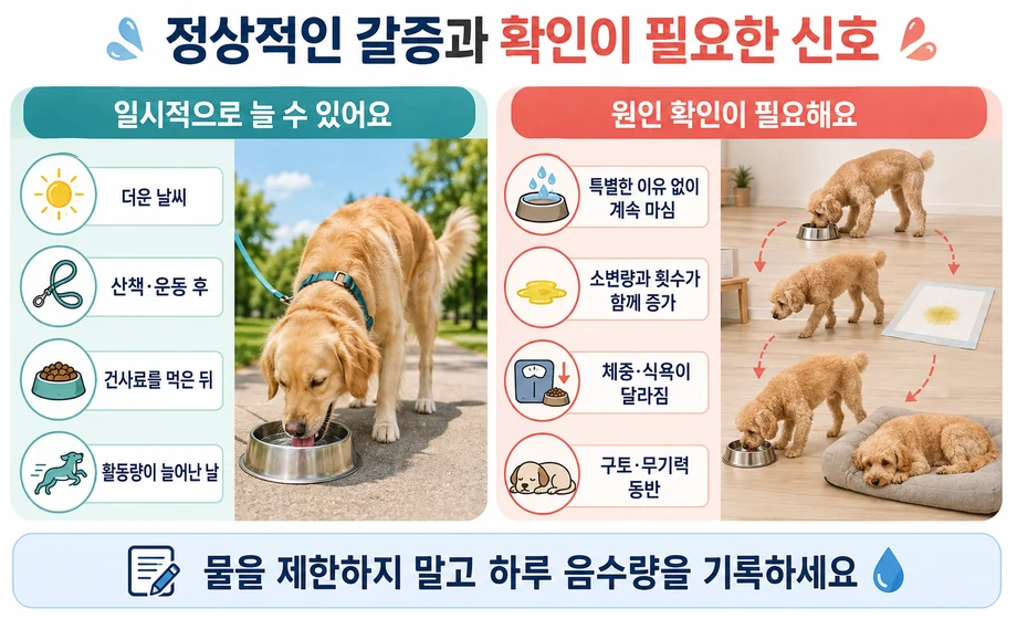 강아지의 정상적인 갈증과 질환 확인이 필요한 음수량 증가 신호 비교