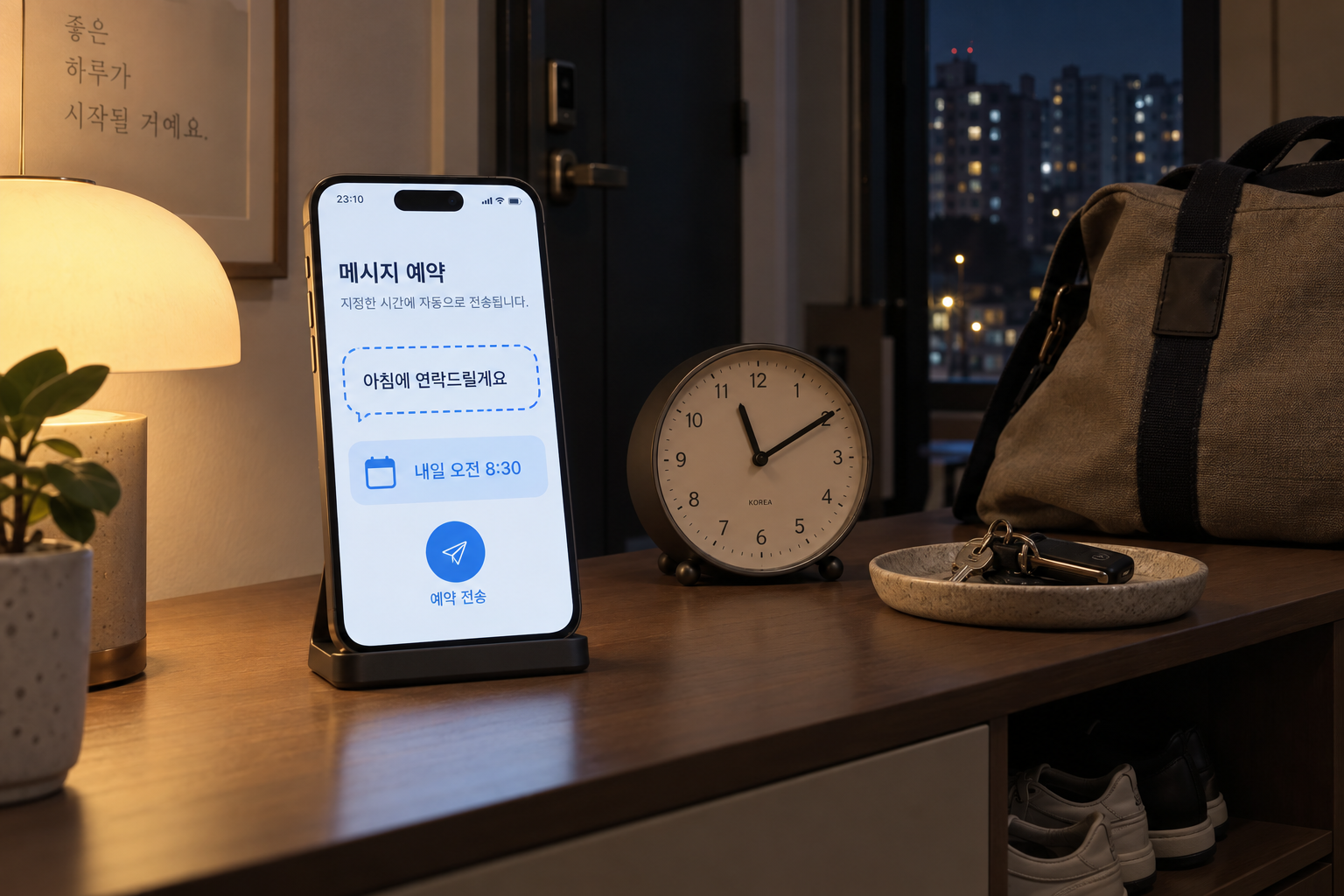 밤에 다음 날 아침의 메시지를 예약하는 상황
