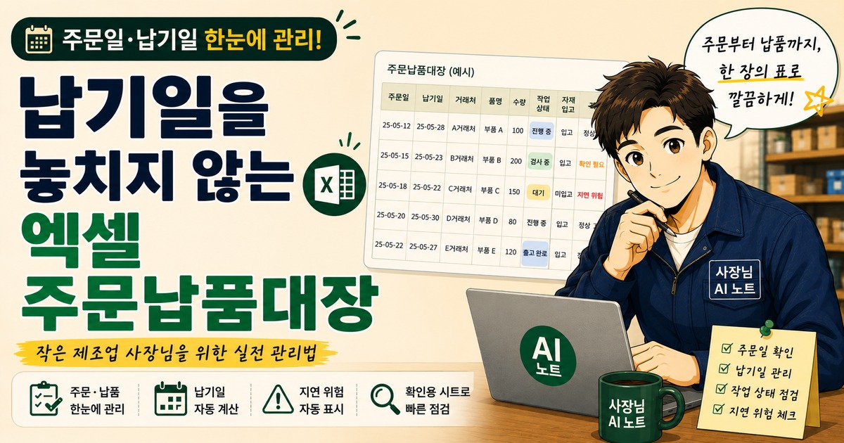 작은 제조업 사장님이 AI를 활용해 주문일과 납기일, 작업 상태를 한눈에 관리하는 엑셀 주문납품대장을 만드는 방법을 보여주는 블로그 썸네일