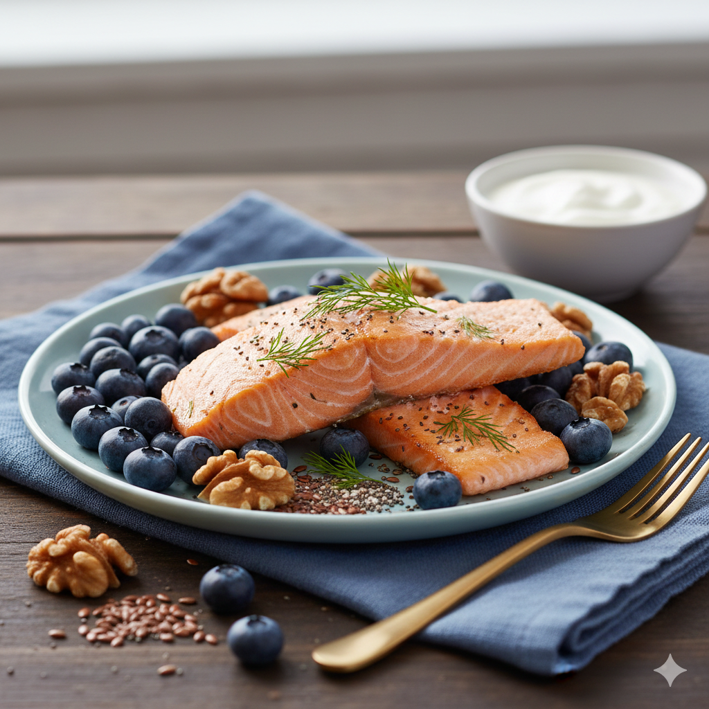 오메가-3가 풍부한 연어스테이크와 블루베리와 견과류와 그옆의 요거트의 식단