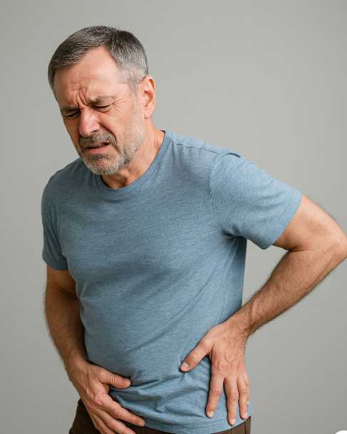 고관절 통증으로 인해 고통을 겪고 있는 중장년 남성의 모습