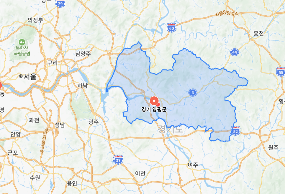 양평군의 위치를 나타내는 지도