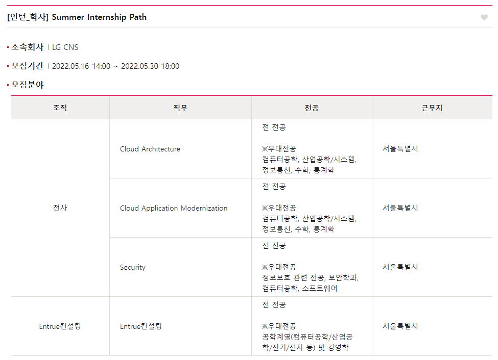 대기업 인턴 채용 - LG CNS