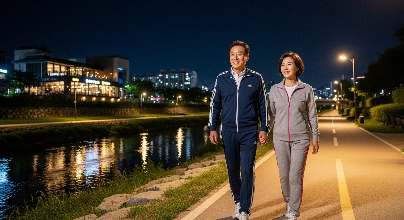 50대 은퇴한 솔로남이 자연스럽게 이성 친구를 만나게 되어 함께 산책을 하는 모습