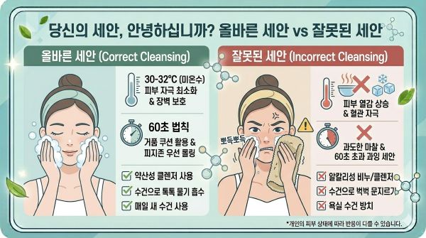 올바른 세안법 , 미온수 세안 모드, 60초 세안 법칙, 약산성 클렌저 효과, 피부 장벽 보호 습관