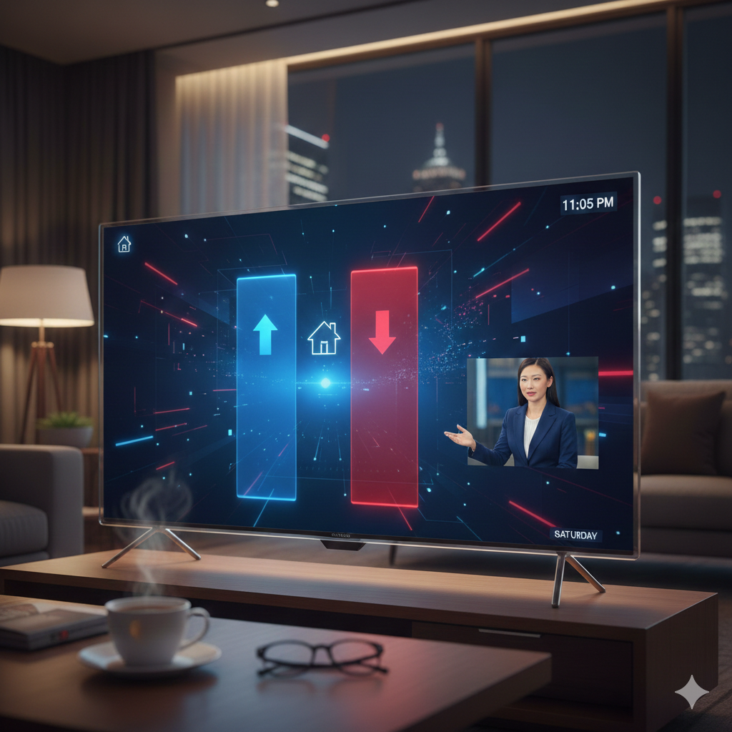 거실 TV 화면에 양도소득세와 보유세를 의미하는 화살표 그래픽과 뉴스 앵커가 개편안을 보도하는 모습