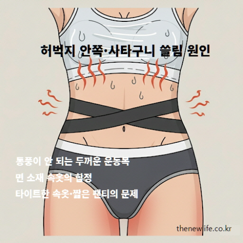 허벅지 안쪽과 사타구니 쓸림 원인, 타이트한 속옷과 두꺼운 운동복 소재 선택의 영향을 설명하는 이미지