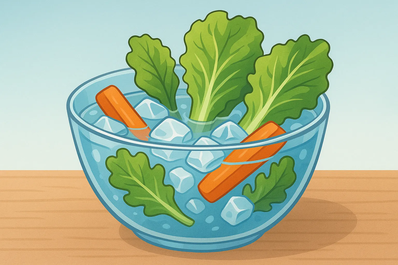 얼음물에-채소를-담가-아삭해지는-원리를-표현한-일러스트-투명한-유리-볼에-얼음물과-함께-당근과-상추가-담겨-있으며-차가운-물이-채소-세포를-팽팽하게-만들어-신선하고-아삭한-식감을-강조