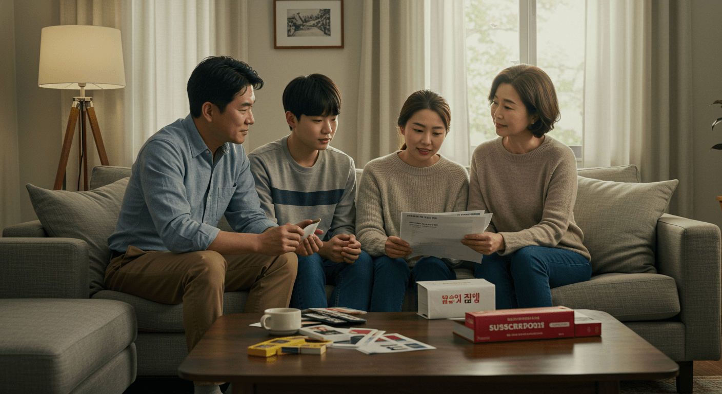가족이 거실에서 OTT 혜택을 비교하며 합리적인 선택을 고민하는 장면 3