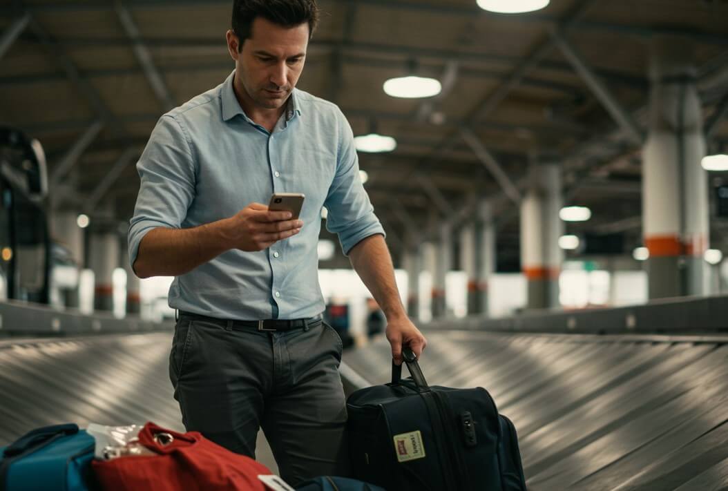 공항, 핸드폰을 보고 있는 남자, 여행가방