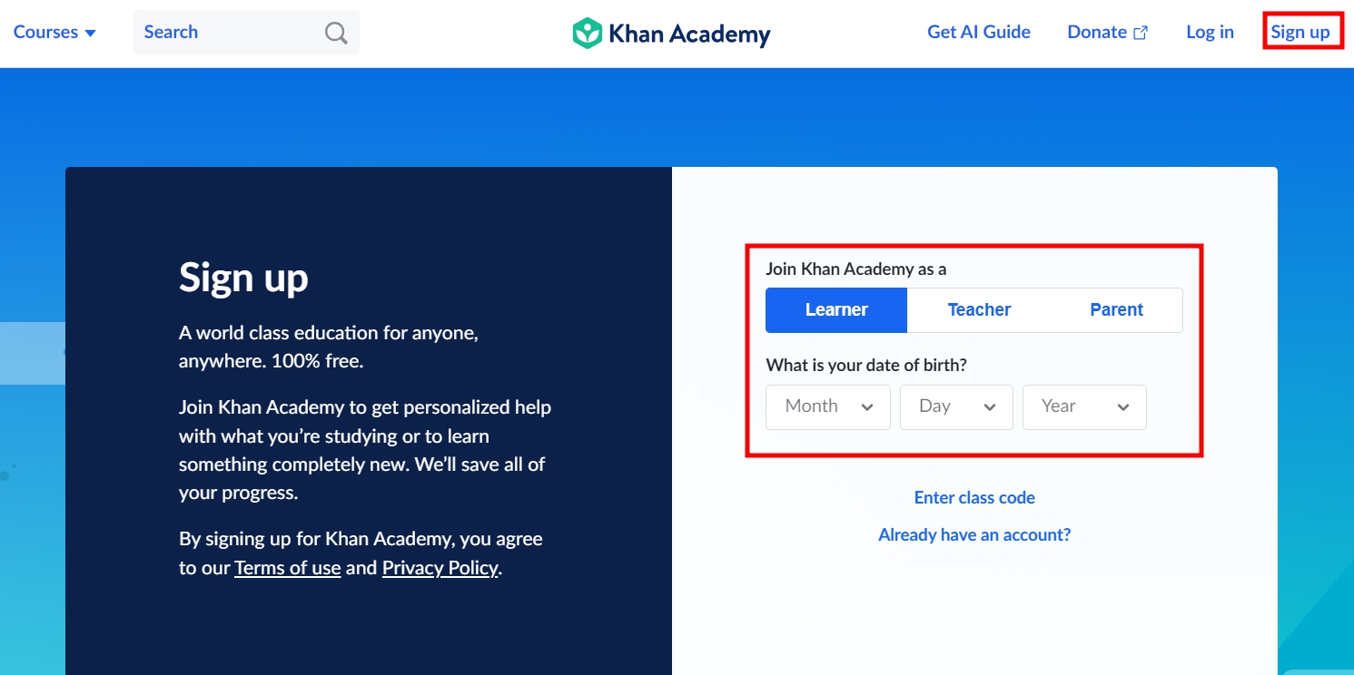 칸아카데미 계정생성 페이지 스크린샷