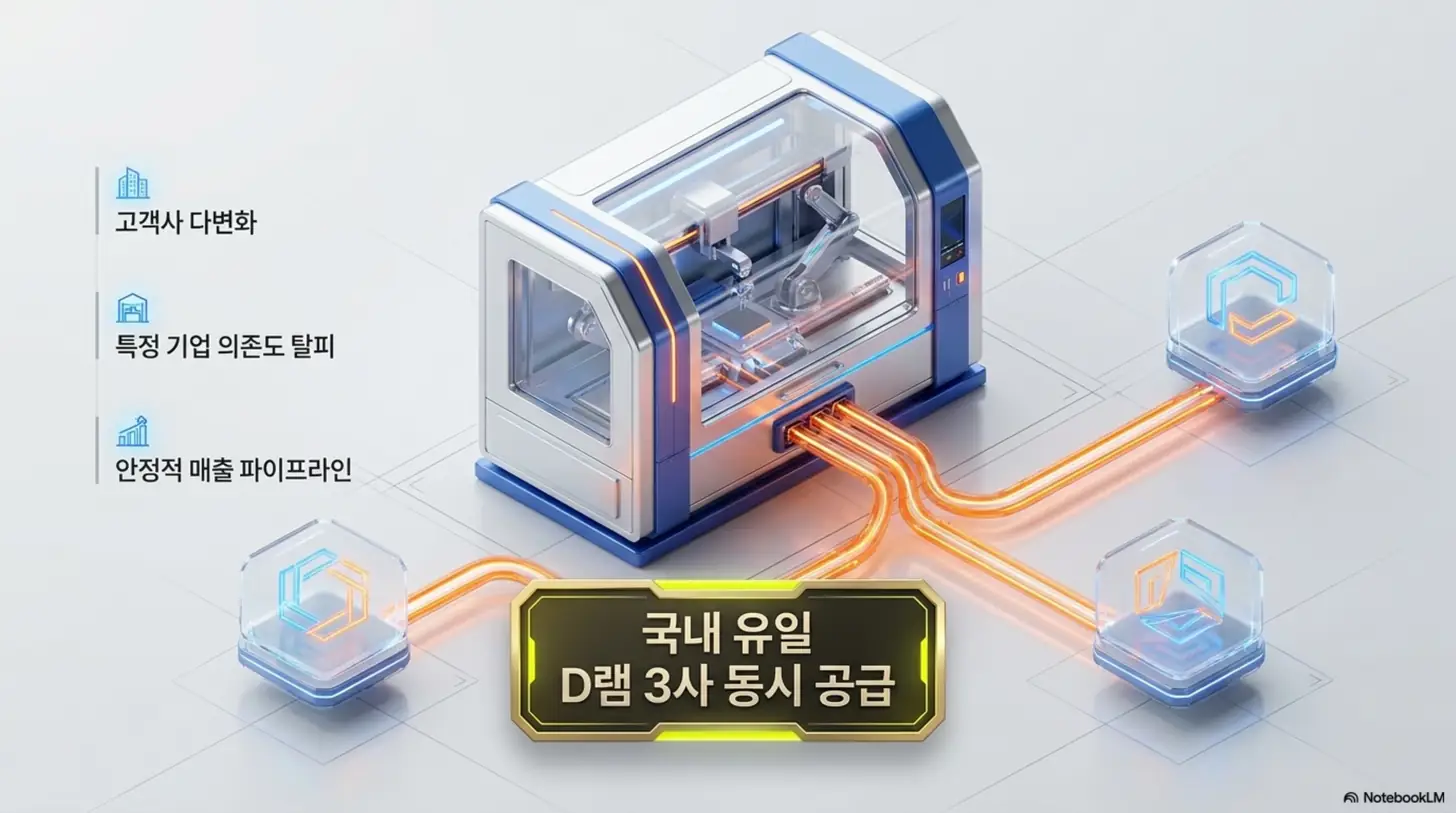 피에스케이홀딩스 주가 전망: 피에스케이홀딩스가 국내 유일하게 D램 3사에 HBM 후공정 장비를 동시 공급하는 구조를 보여주는 웹배너 이미지. 중앙 장비에서 삼성전자·SK하이닉스·마이크론을 상징하는 세 갈래로 연결되며 고객사 다변화, 특정 기업 의존도 탈피, 안정적 매출 파이프라인이 강조됨. 독점 포지션을 시각적으로 전달하며, 블로그의 HBM 관련주 주제를 설명함