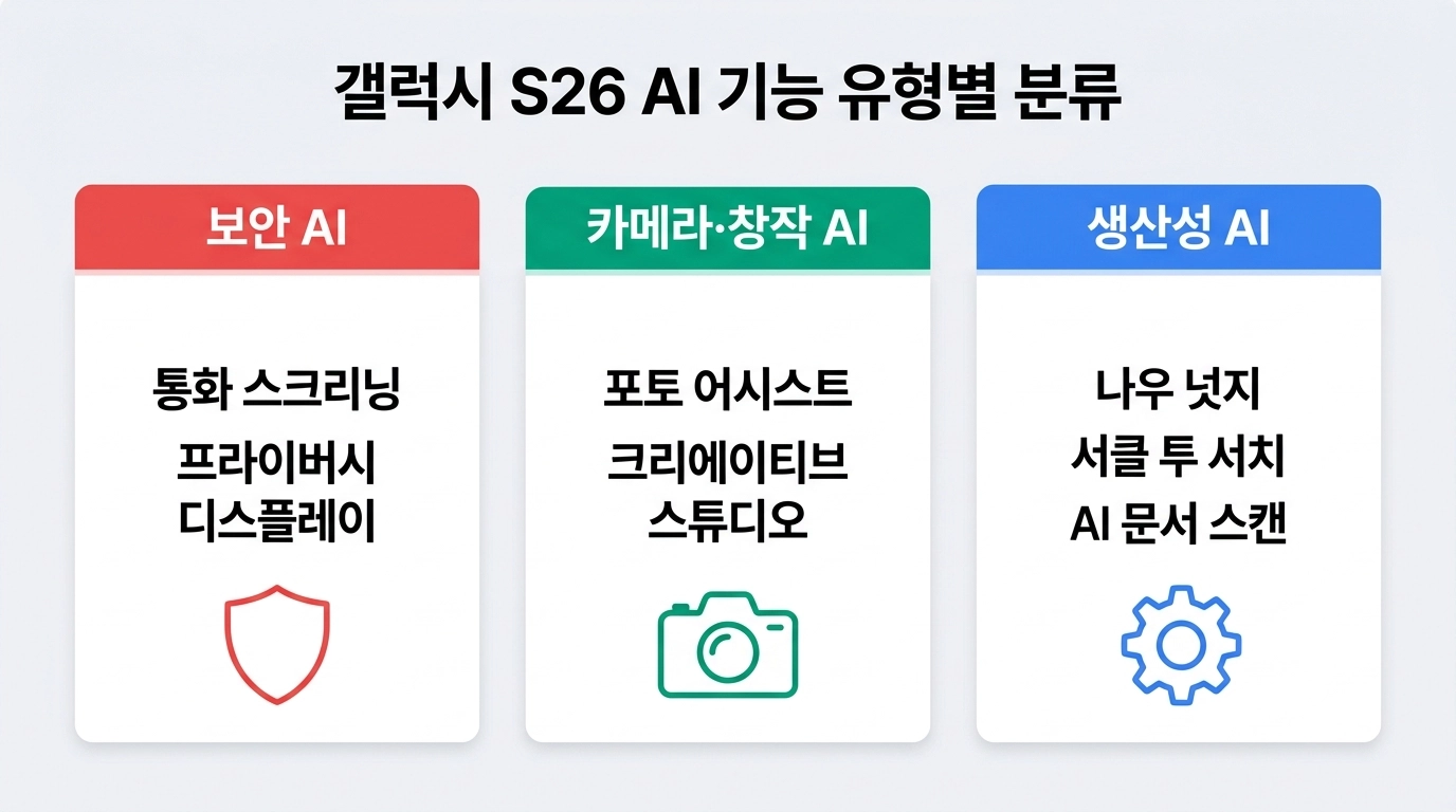 럭시 S26 One UI 8.5 AI 기능 7가지 요약 비교 인포그래픽