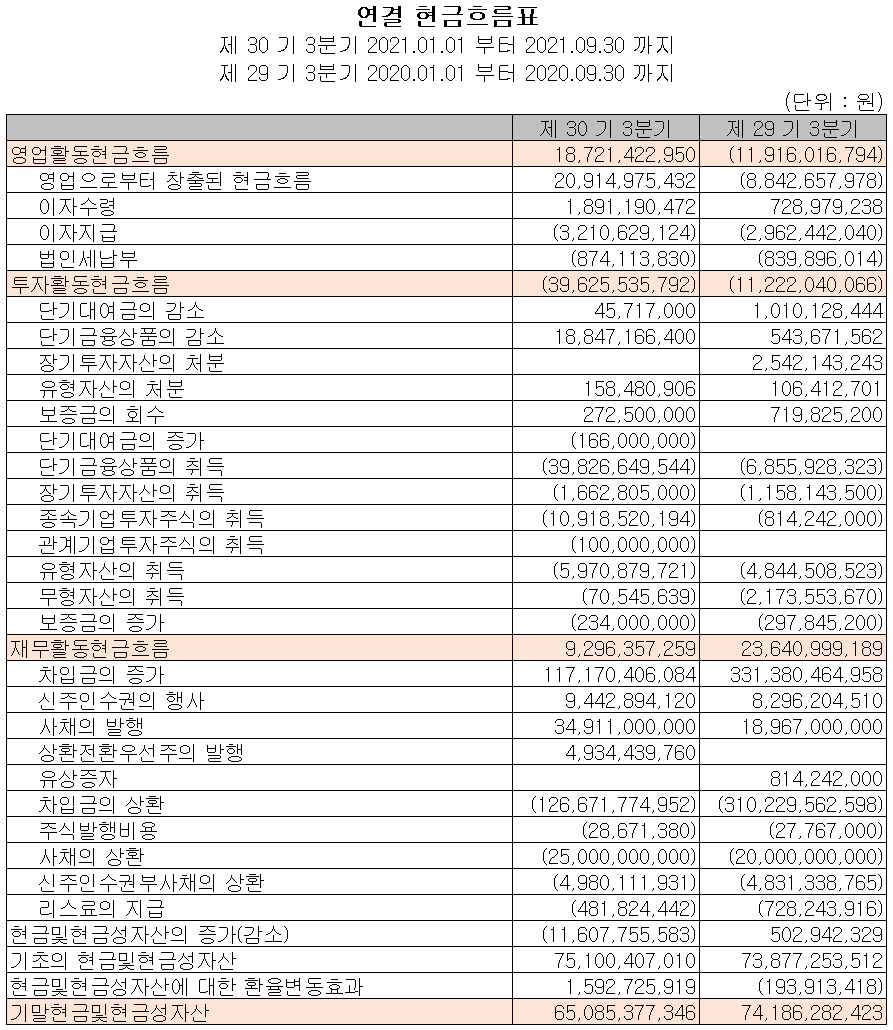 캠시스 현금흐름표(2021년 3분기)