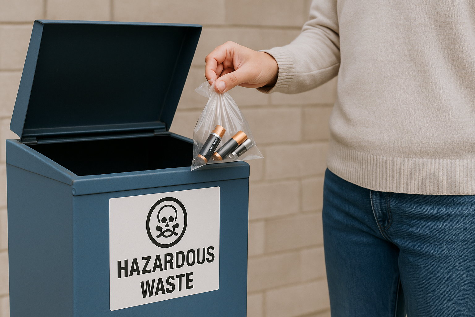 투명 비닐에 모은 폐배터리를 파란 유해폐기물 수거함에 배출하는 모습(일반쓰레기 금지)