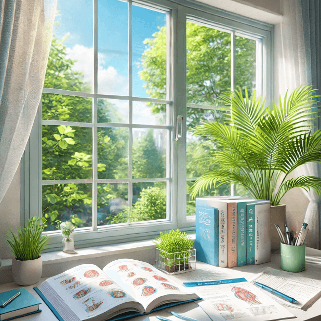 일반인을 위한 대표 의료서적이 창가에서 빛을 받으며 펼쳐져 있는 모습