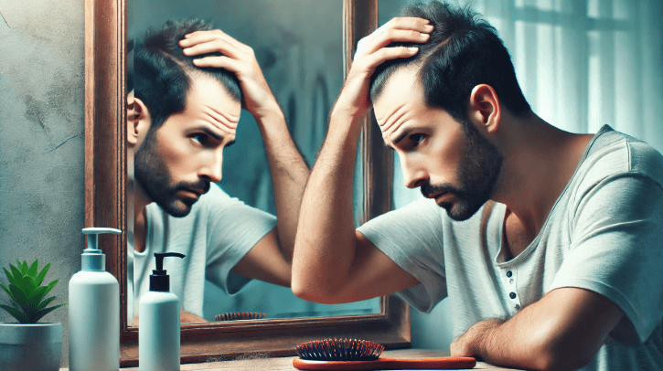 거울을 보며 머리카락이 얇아지는 것을 걱정스럽게 확인하는 남성