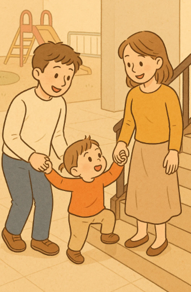 말은 유창하지만 아직 움직임은 조심스러운 2세 아기와 부모의 따뜻한 상호작용