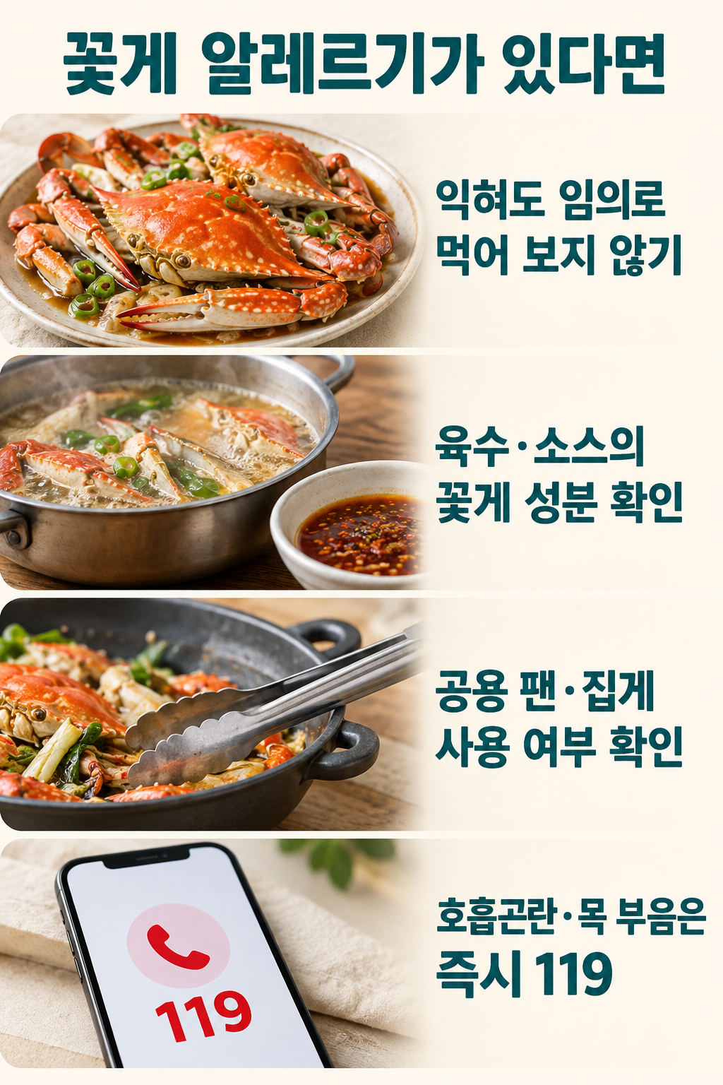 익힌 꽃게&middot;육수와 소스&middot;공용 도구&middot;119 연락으로 정리한 꽃게 알레르기 안내