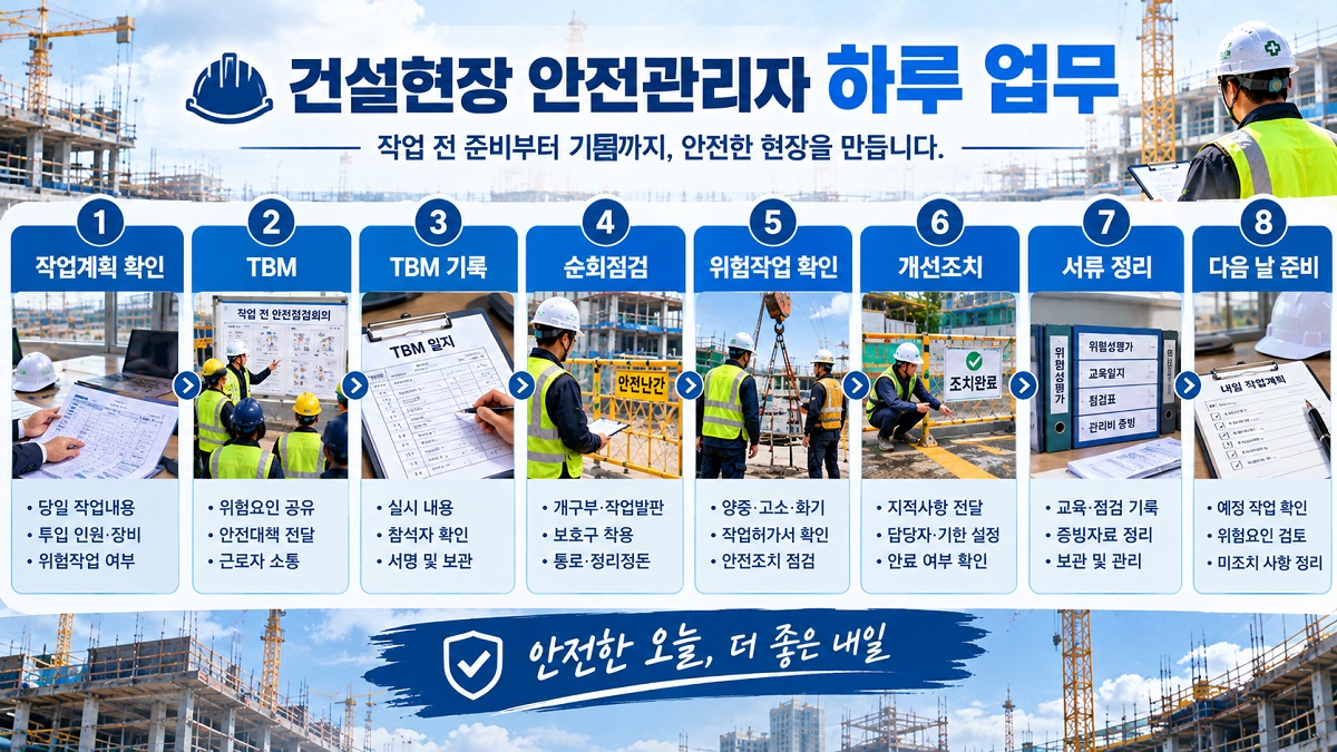 건설현장 안전관리자의 출근부터 퇴근까지 하루 업무 순서를 정리한 인포그래픽