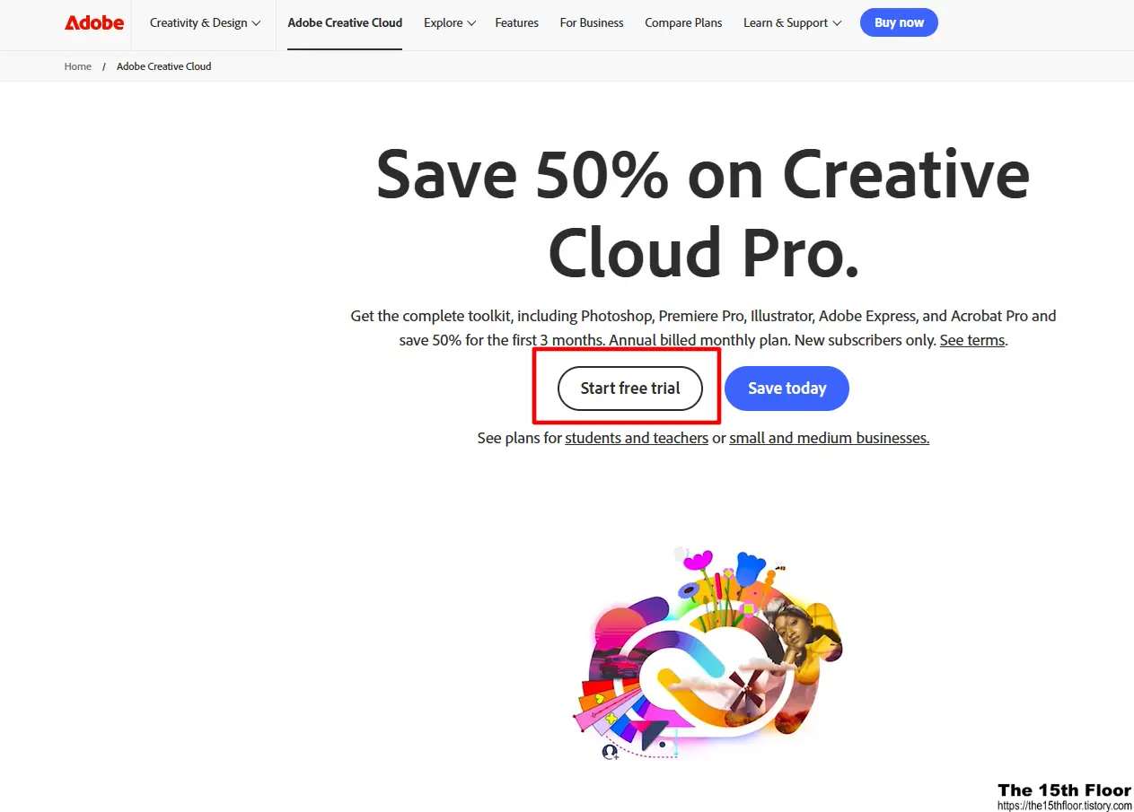 Creative Cloud 무료 체험 시작 버튼 스크린샷