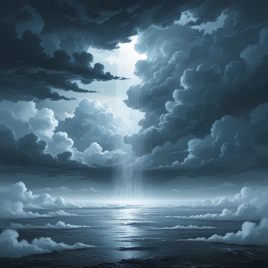 하늘의 창이 열려 거대한 비가 쏟아지는 홍수의 시작을 상징적으로 표현한 이미지
