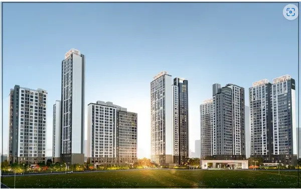 아크로-베스티뉴-투시도-아파트-동이-7개-정도있고-멀리서-햇빛이-들어와-희망찬-모습-앞에는-푸른-잔디가-있음