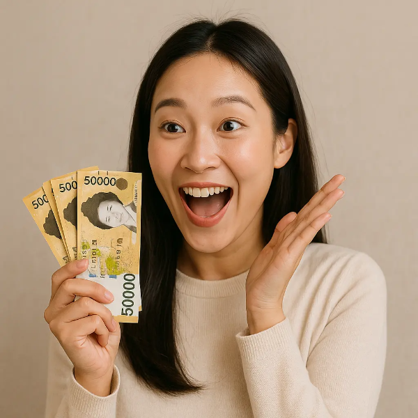 환급받은 돈을 들고 놀라움과 기쁨이 가득한 표정을 짓는 20대 한국 여성의 생동감 넘치는 장면, 텍스트 없음