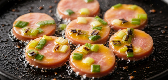 지글거리는 팬 위에서 노란 달걀 옷을 입은 분홍 소시지가 고소한 향을 풍기며 구워지는 모습.