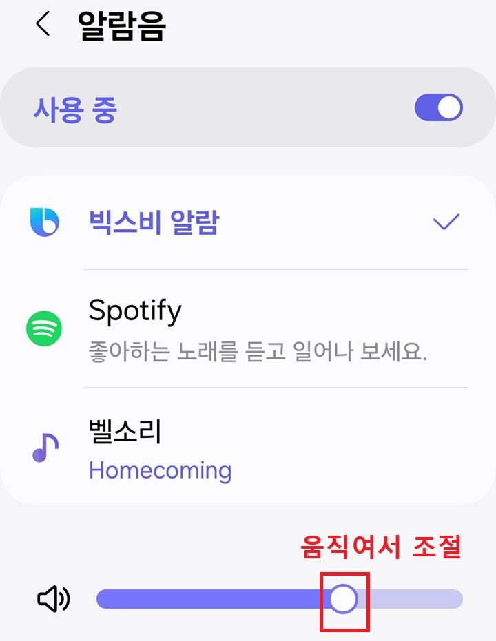 알람음 설정 페이지 보임