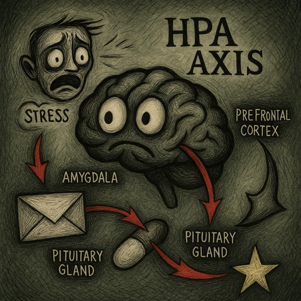 팀 버튼 스타일 일러스트, 스트레스 상황에서 HPA 축이 활성화되고 편도체와 전전두피질이 상호작용하는 뇌의 반응 경로를 유머러스하고 상징적으로 표현한 그림
