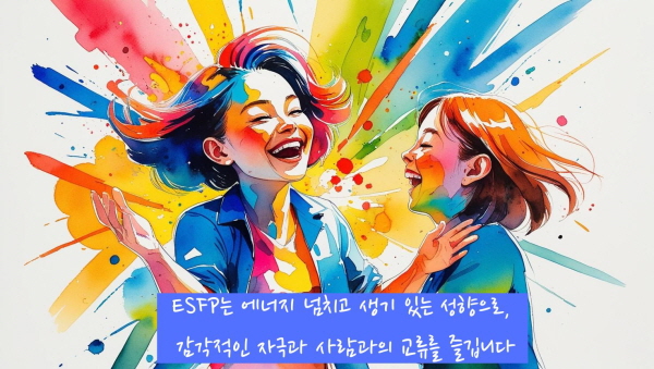 ESFP는 에너지 넘치고 생기 있는 성향으로 감각적인 자극과 사람과이 교류를 즐깁니다에 관한 그림